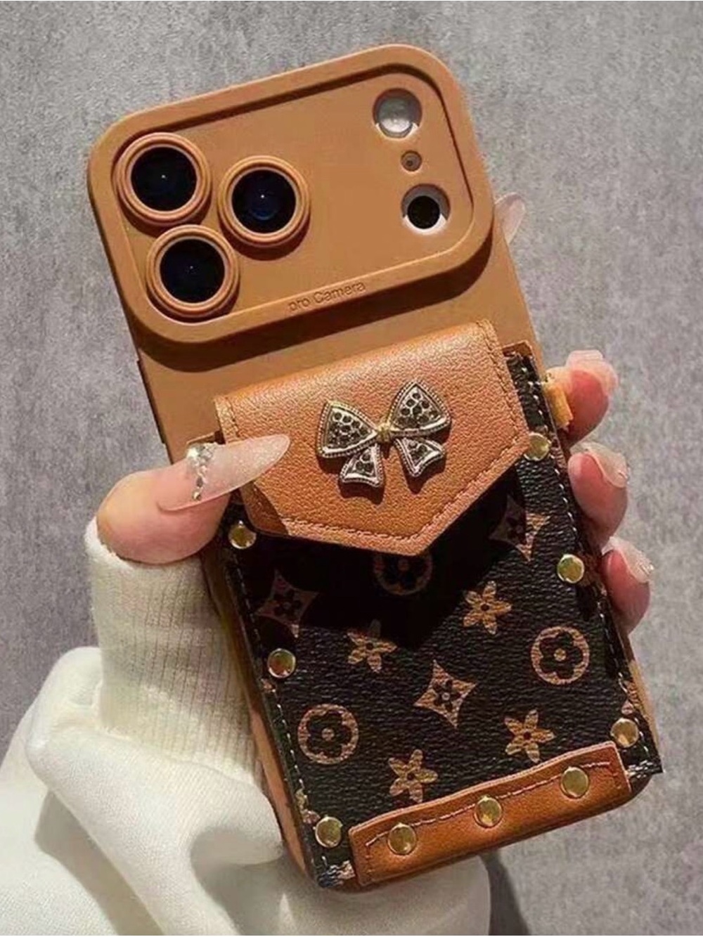 📱📱📱BIGOHO📱📱📱Brown Bow Pocket Leather-Style Phone Case with Card Holder-17ProMax - Picture 1 of 4